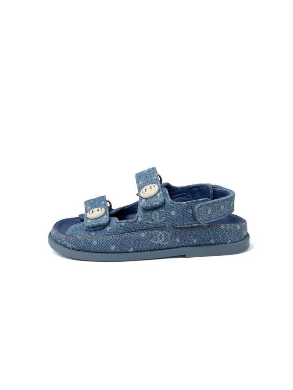 Chanel Sandals Shoes Denim Blue Coco Mark Velcro Flat - Picture 3 of 9